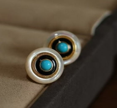 Natural White Mother-of-Pearl and Turquoise Stud Earrings